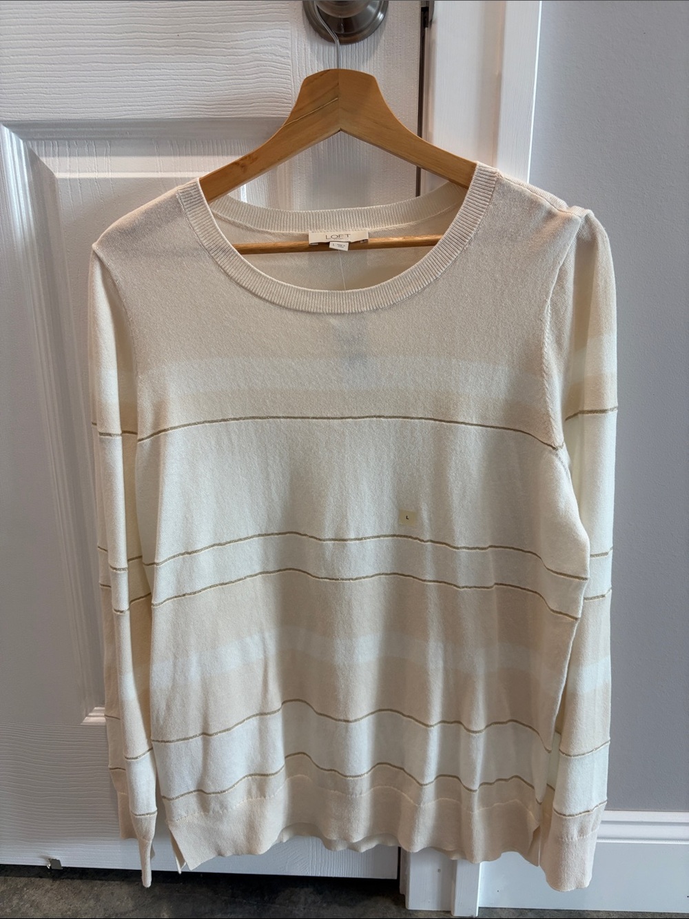 LOFT Cream Striped Crewneck Sweater with Taupe Lines